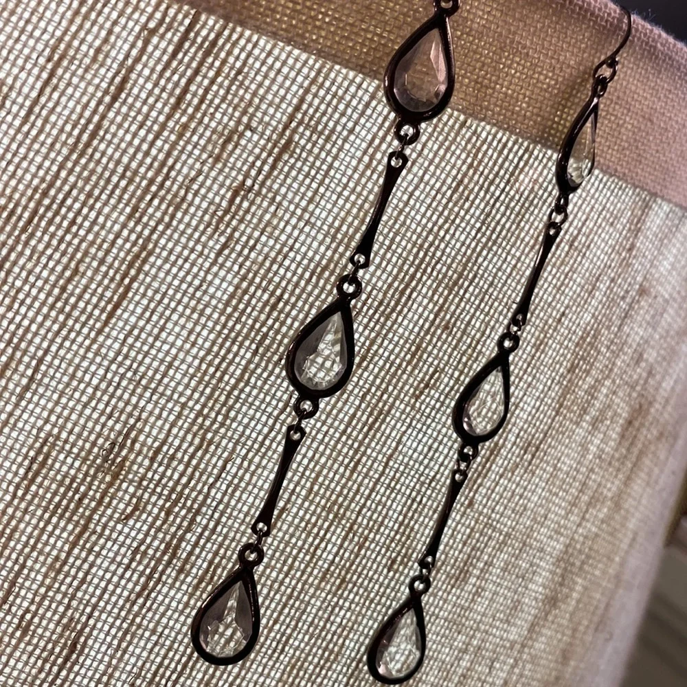 4” drop dangle earrings dark silver metal & clear crystal jewels 3 tier hanging - Picture 2 of 5